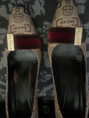 Gucci Brown Monogram Pumps with Burgundy Velvet Stripe